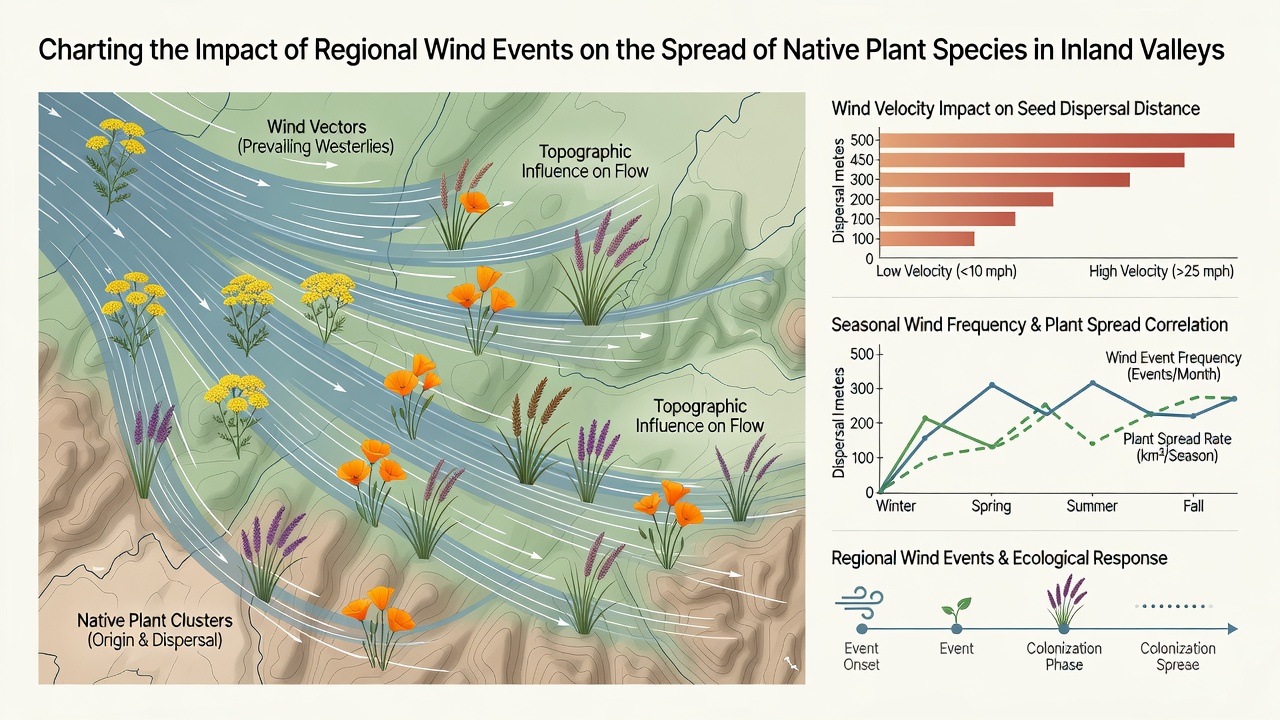 Field researchers conducting ecological surveys in an inland valley with wind measurement equipment and native vegetation plots