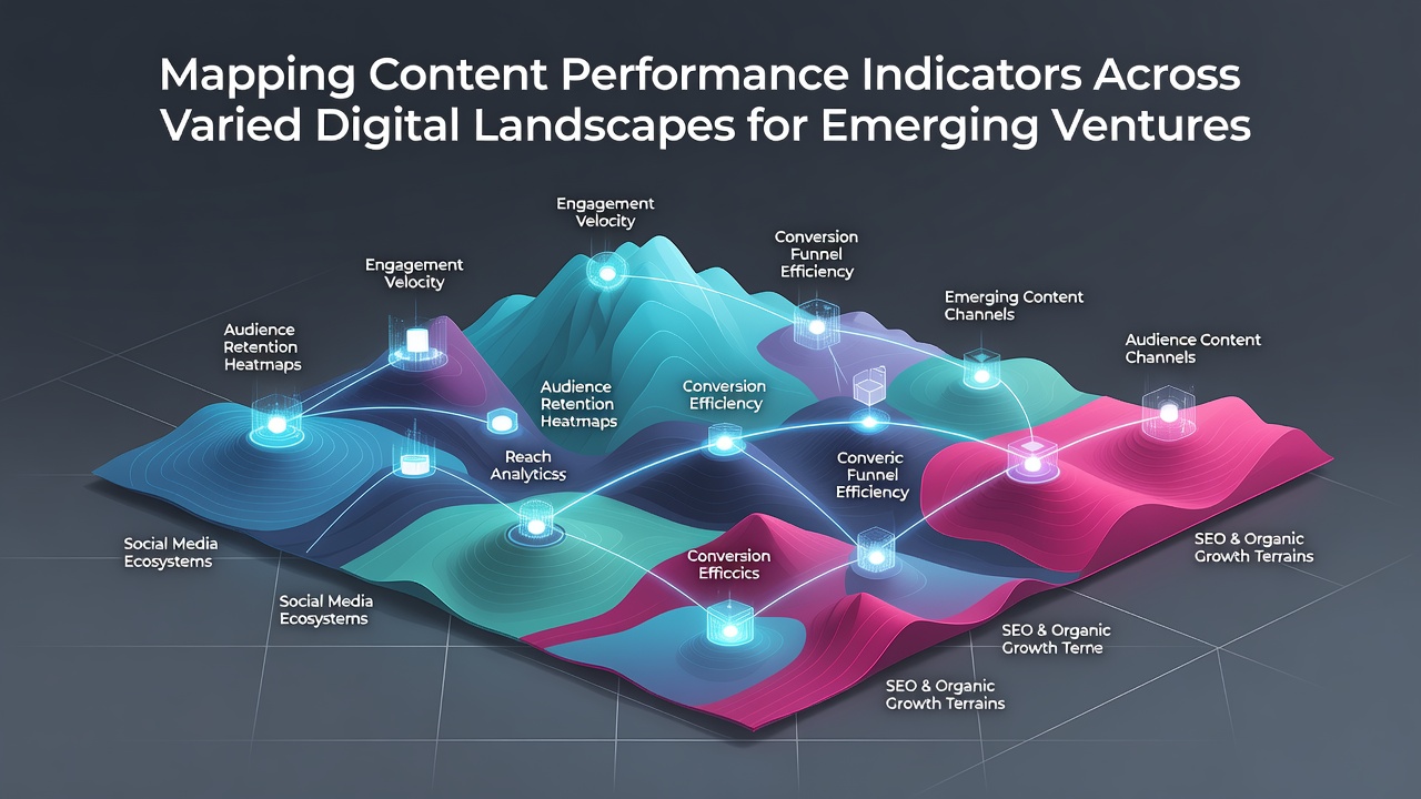 Dashboard screenshot showing mapped KPIs including engagement, conversion, and reach across social media, search, and app environments for startup content strategies